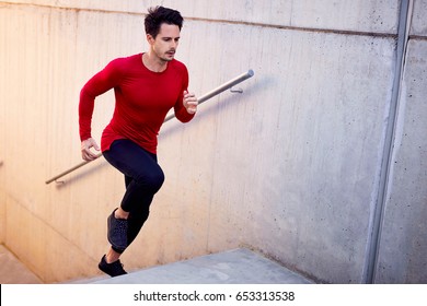 Man Doing Hiit Workout On Stairs. Urban Fitness