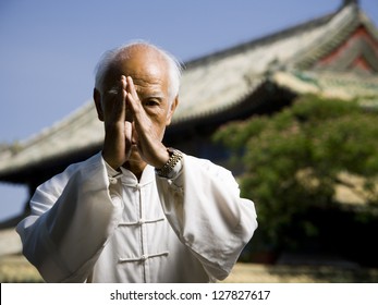 Man Doing Kung Fu Outdoors With Pagoda In Background