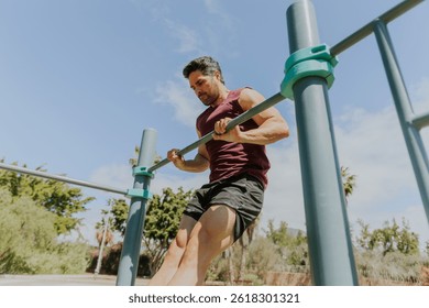 A man is doing a muscle up while training at an outdoor gym, strength concept.