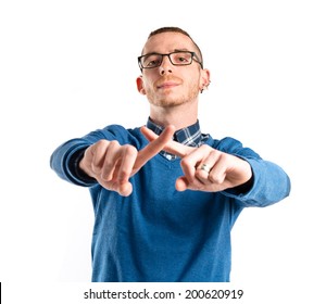 Man Doing NO Gesture Over White Background 