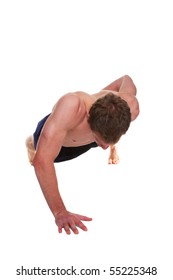 Man Doing A One Handed Push Up Isolated On A White Background