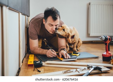 Man Doing Renovation Work At Home Together With His Small Yellow Dog