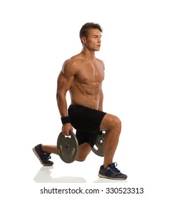 Man Doing Split Squat, Lunges With Weights. Side View