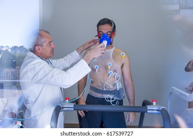 Man doing a stress test of the heart running on a machine