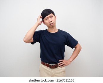 Man Doubt And Confused Face Scratch Head Standing Studio Shot Isolated