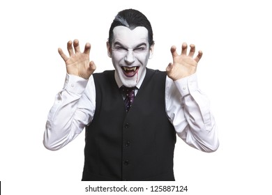 Man In Dracula Fancy Dress Costume On White Background