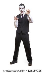 Man In Dracula Fancy Dress Costume On White Background