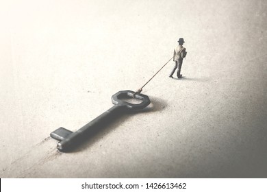 Man Drag A Big Heavy Key, Access Surreal Concept