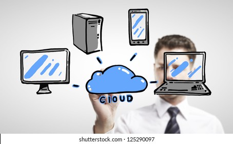 man drawing cloud computing diagram