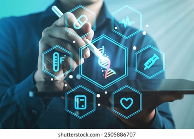 A man is drawing on a tablet with a stylus, creating a digital image of a DNA strand. The image is filled with various medical symbols and icons, such as a heart, a book, and a syringe - Powered by Shutterstock