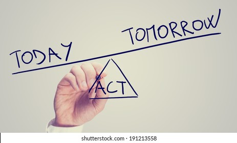 Man drawing a seesaw showing an imbalance between Acting Today or Tomorrow with the word Today being weighted more than the word Tomorrow on opposites ends with Act as the fulcrum. - Shutterstock ID 191213558