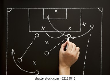 Man drawing a soccer game strategy with white chalk on a blackboard. - Powered by Shutterstock