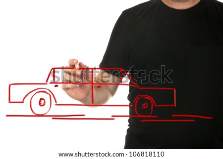 Man dreaming about a car on white background