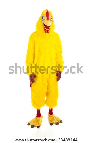 man dressed chicken suit