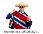 Man dressed in Chilean Huaso costume making gesture of success and happiness, isolated white background