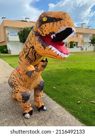 A Man Dressed In A Dinosaur Costume. T-REX Dinosaur Inflatable Halloween Costume. One Big And Tall Dinosaur Enjoying And Having Fun.