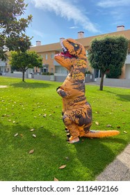 A Man Dressed In A Dinosaur Costume. T-REX Dinosaur Inflatable Halloween Costume. One Big And Tall Dinosaur Enjoying And Having Fun.