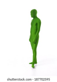 Man Dressed In A Green Leotard Standing, Isolated On White Background