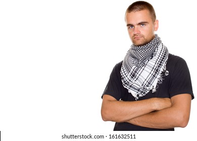 Man Dressed In At The Neck Of A Palestinian Scarf. Hands Crossed