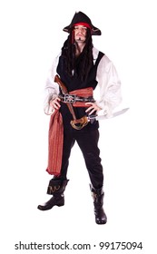 A man dressed as a pirate, pistol and saber. White background. Studio photography.