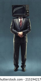 Man dressed in a suit with a TV instead of a head on blue background. Media concept