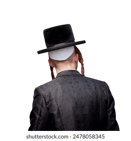 The man is dressed in traditional Jewish and Hasidic clothing. Isolated on a white background