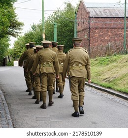 Man dressed as World War I soldiers marching in Shropshire