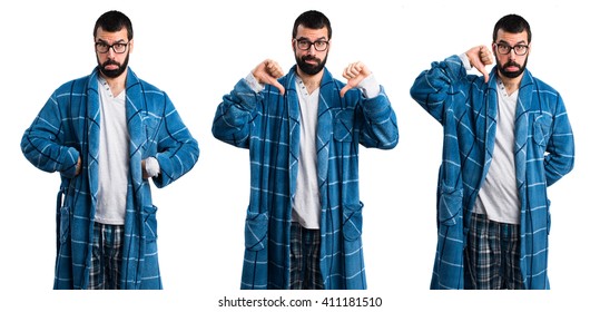 Man In Dressing Gown Doing Bad Signal