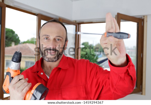 Man Drill Screwing Board Bench Park Stock Photo Edit Now 1459294367