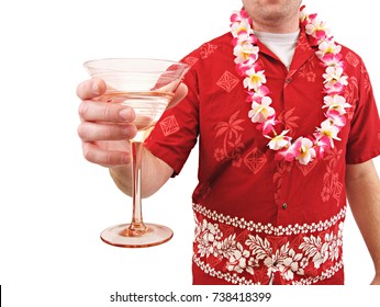 Man With Drink In Hawaiian Shirt.