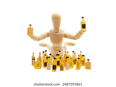 the man with the drink, a wooden mannequin lying down holds drink bottles next to a pile of miniature drink bottles - Powered by Shutterstock