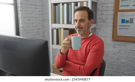 Man drinking coffee in modern office setting, wearing red sweater, with focused expression, surrounded by bookshelves and charts, creating an atmosphere of concentration and contemplation. - Powered by Shutterstock