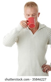 Man drinking a coffee or tee isolated on white background