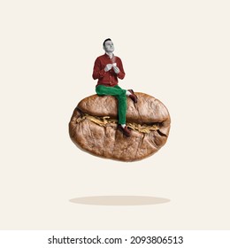 A man drinks coffee while sitting on a coffee bean. Funny Art Collage. Relaxation concept.