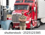 Man driver near lorry truck. Truck driver. Trucking owner. Transportation vehicles. Hispanic man posing in front of truck. Semi trucks vehicle. Handsome man owner truck driver