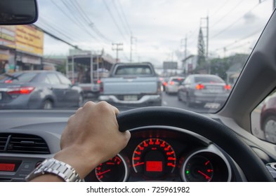 Man Driving Car, Hand Hold Steering Wheel