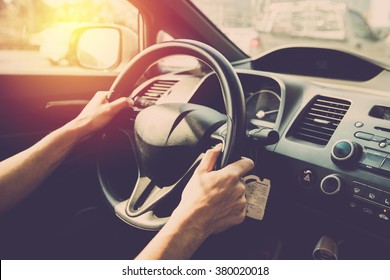 Man Driving Car Vintage Filter.