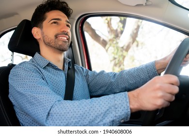 Man Driving His Car On Way To Work.