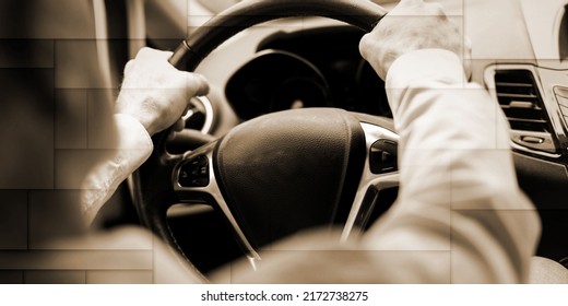 Man Driving With His Two Hands On Steering Wheel, Geometric Pattern