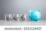 A man dropping coins into a glass jar, with a piggy bank nearby. Represents the concept of saving money, highlighting the importance of building a financial cushion through various saving methods.