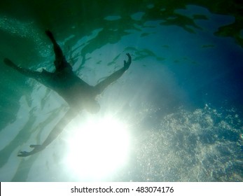 Man Drowning Viewed From Below Underwater