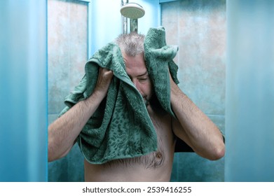 Man drying himself after getting out of the shower. Man using towel in a bathroom. Man wipes his body with a towel