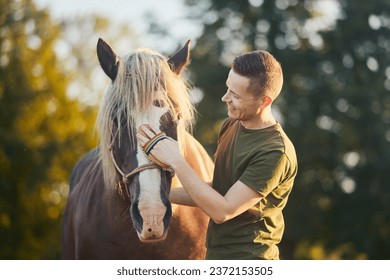 Man during grooming horse on sunny summer day. Close-up of hand while brushing of back of brown mare.
 - Powered by Shutterstock