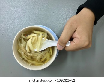 Man Eating Chinese Flower Soup, Delicious Traditional Food, Healthy Food Rich Of Fiber