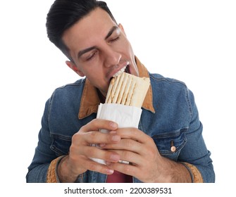 Man Eating Delicious Shawarma On White Background