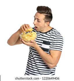 Man Eating Potato Chips On White Background