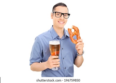 Man Eating Pretzel And Drinking Beer Isolated On White Background