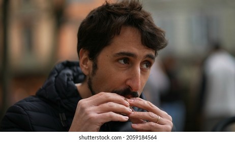 Man Eating Sandwich Outside Feeling Pleasure. Person Eat Food Snack Outdoors