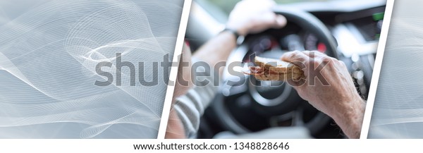 Man\
eating a sandwich while driving. panoramic\
banner