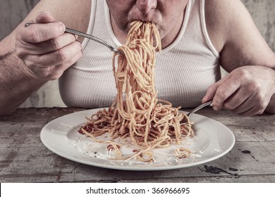 Man Eating Spaghetti, Overeating Adult.